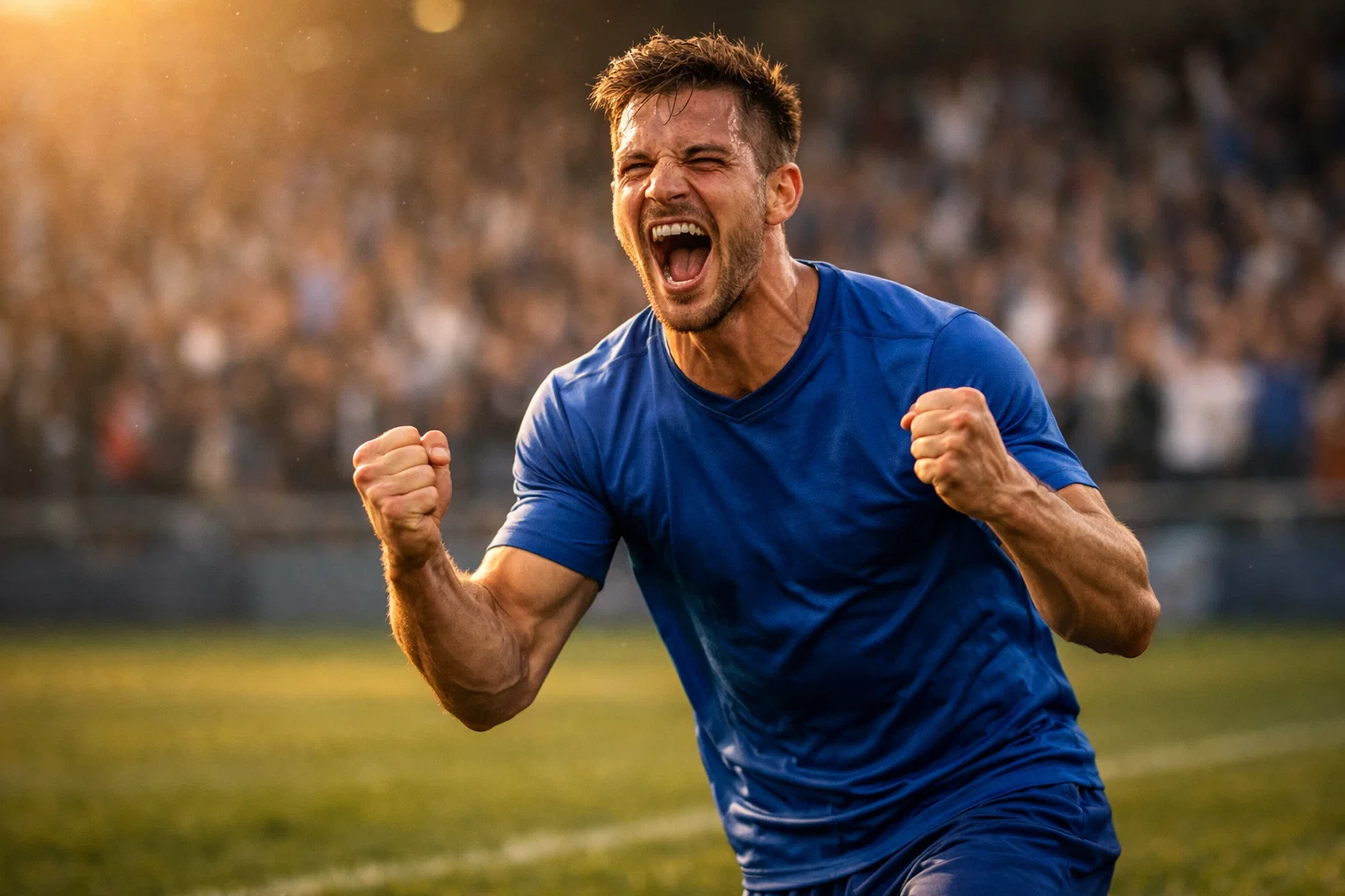 Voetbalspeler viert doelpunt met gebalde vuisten op het veld