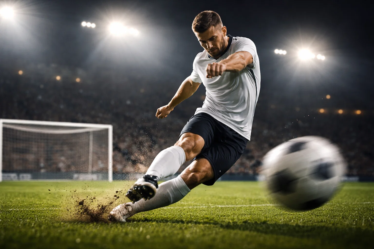 Voetballer schiet op doel tijdens een avondwedstrijd onder stadionverlichting