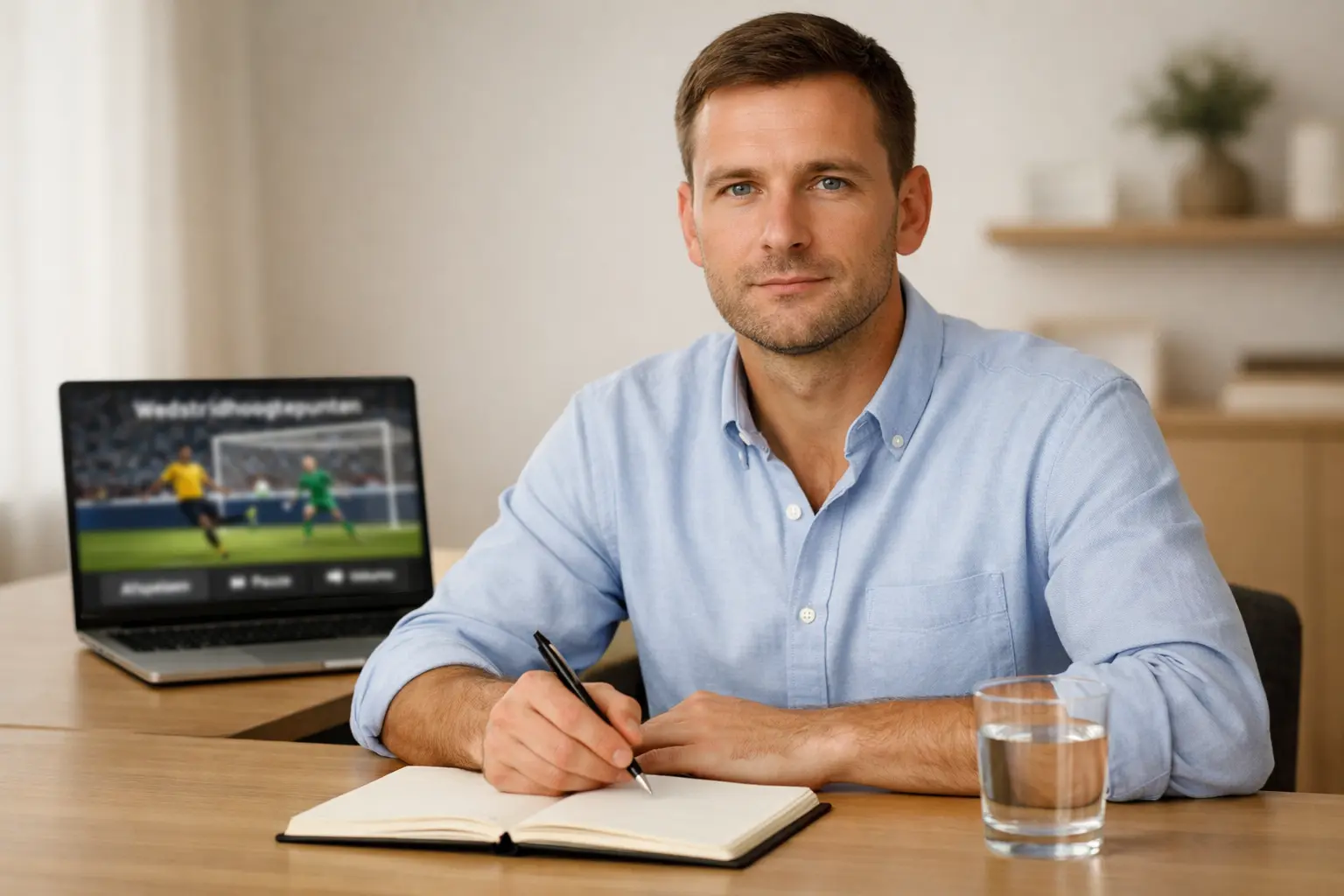 Gefocuste persoon bewaart kalmte tijdens het analyseren van voetbalwedstrijden