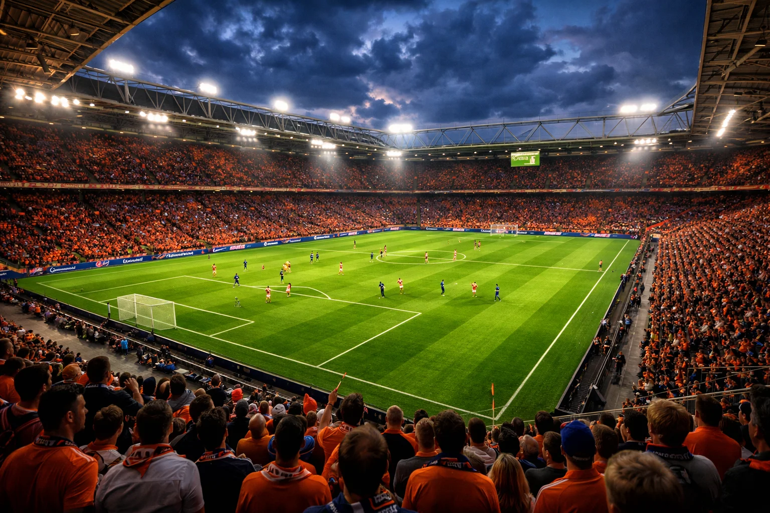 Voetbalstadion in Nederland tijdens Eredivisie wedstrijd met supporters