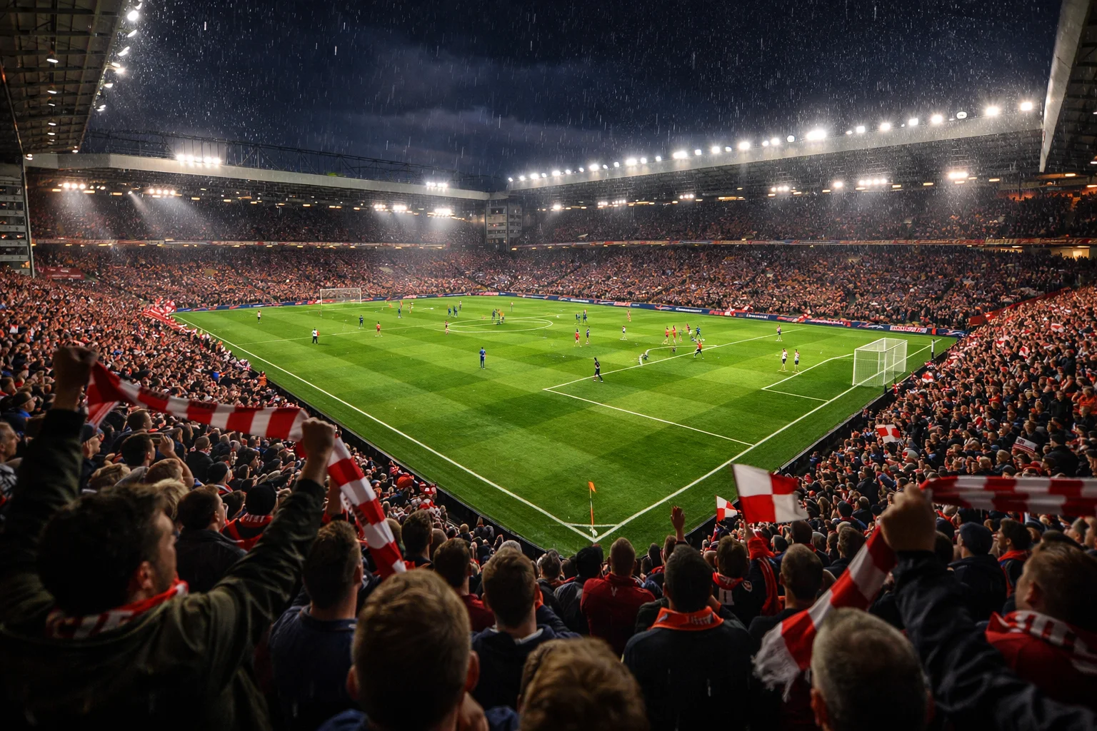 Vol voetbalstadion in Engeland met supporters tijdens Premier League wedstrijd