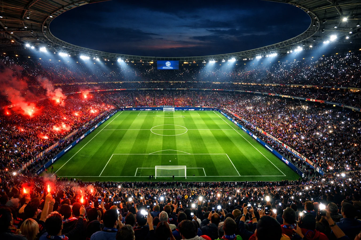Europees voetbalstadion verlicht bij avond tijdens Champions League wedstrijd