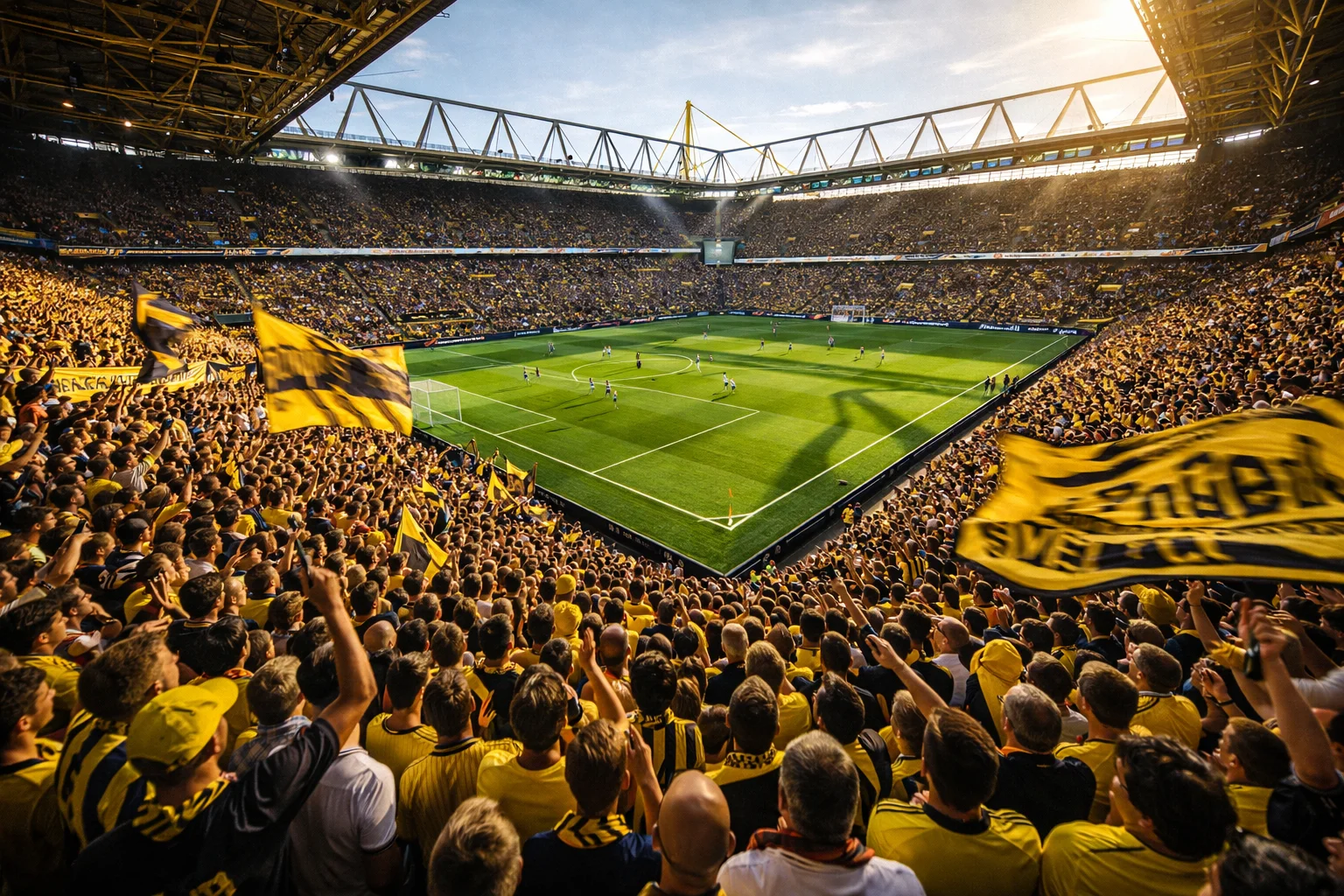 Duits voetbalstadion met enthousiaste supporters tijdens Bundesliga wedstrijd