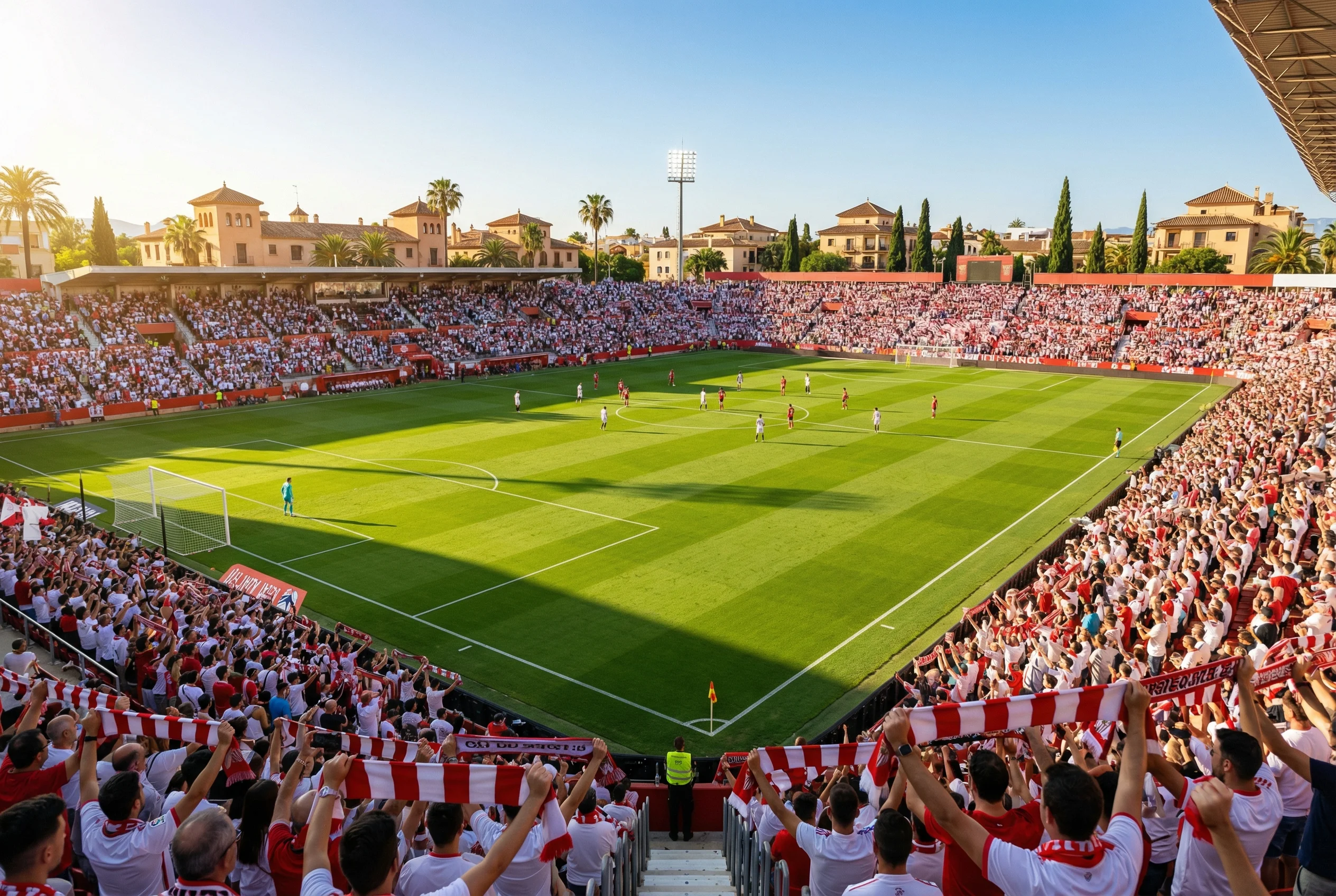 Spaans voetbalstadion met zonlicht tijdens La Liga wedstrijd