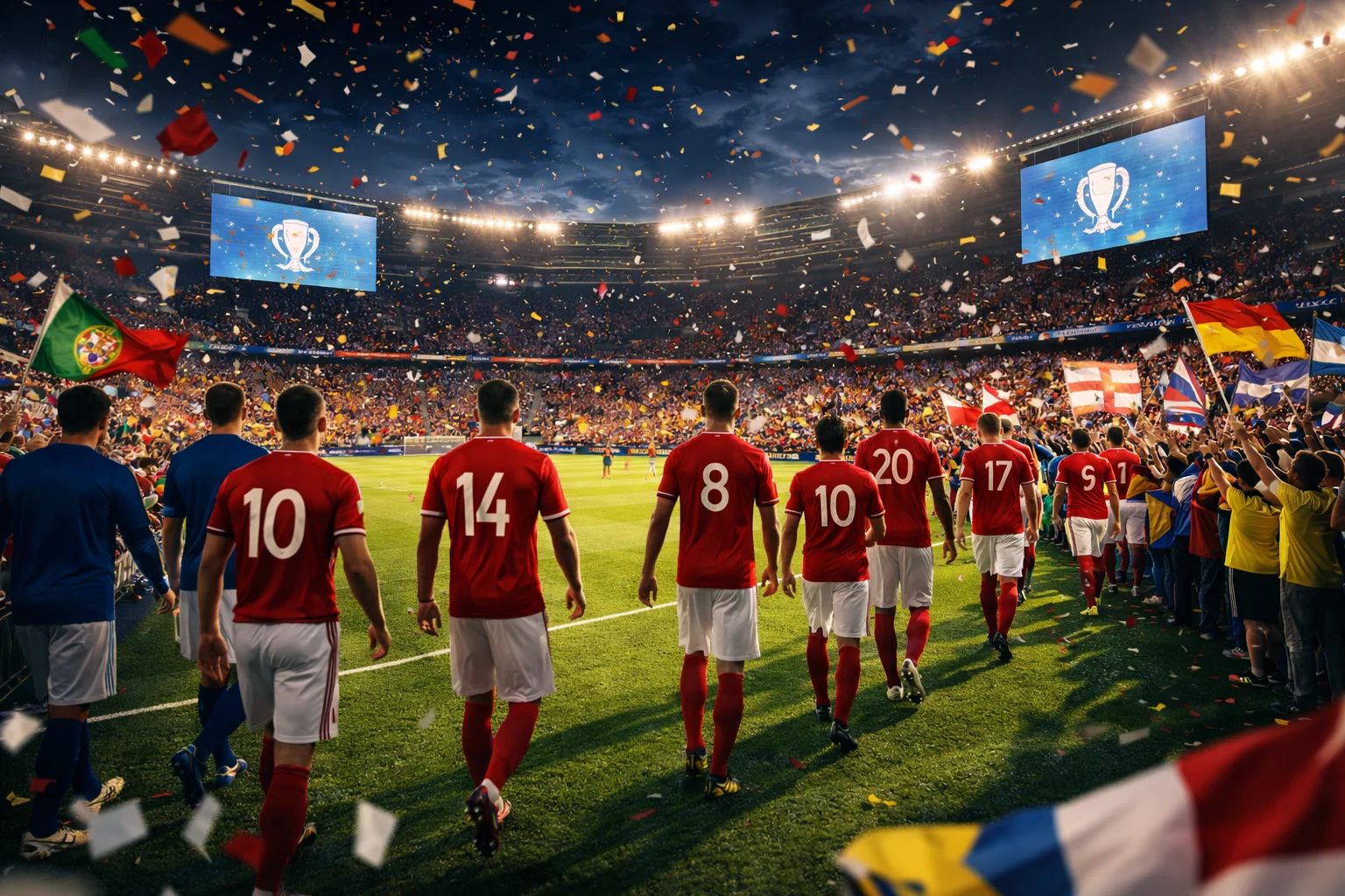 Nationale voetbalploeg op het veld tijdens een groot internationaal toernooi