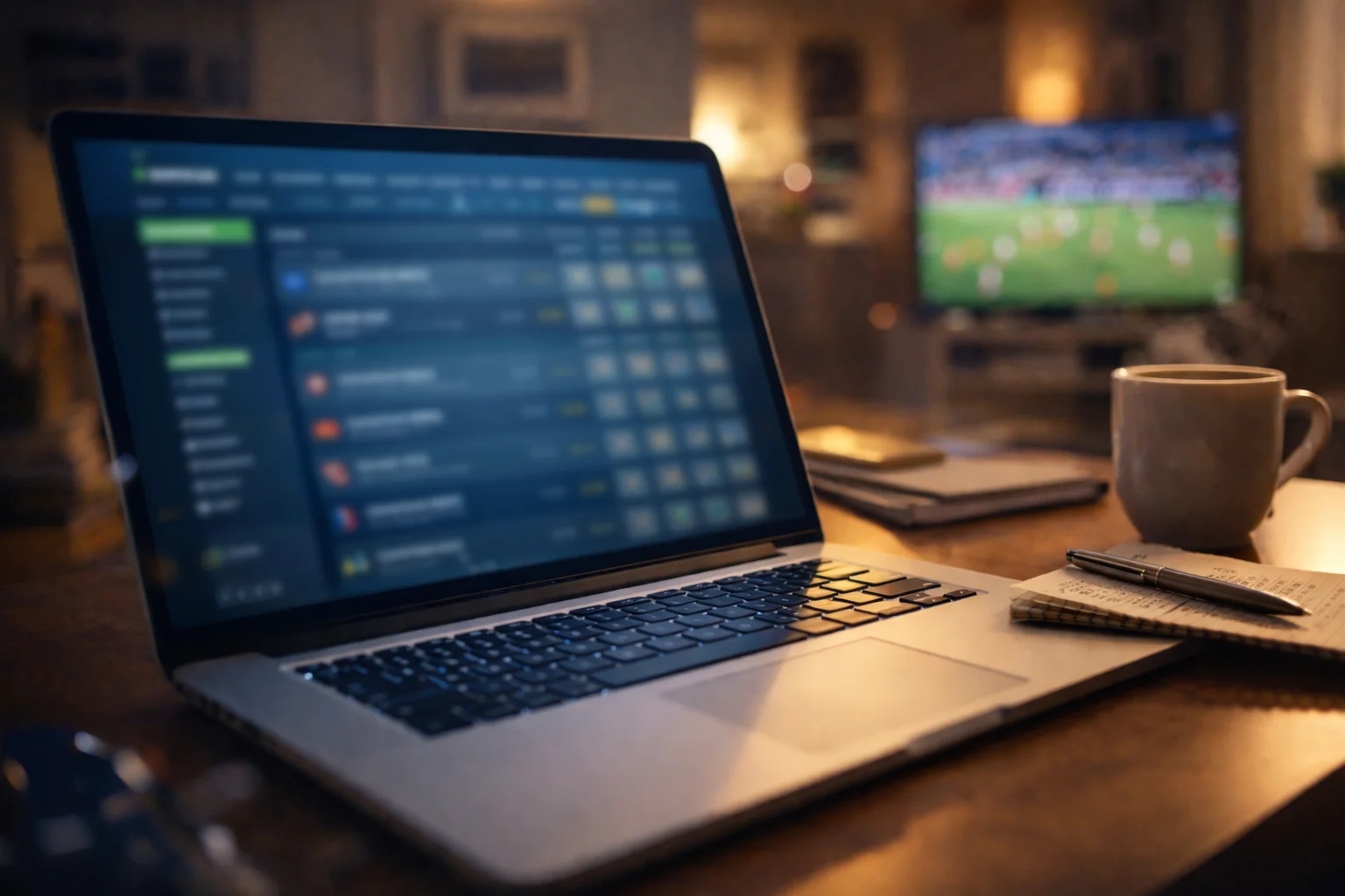 Laptop met sportweddenschappen interface en voetbalwedstrijd op achtergrond