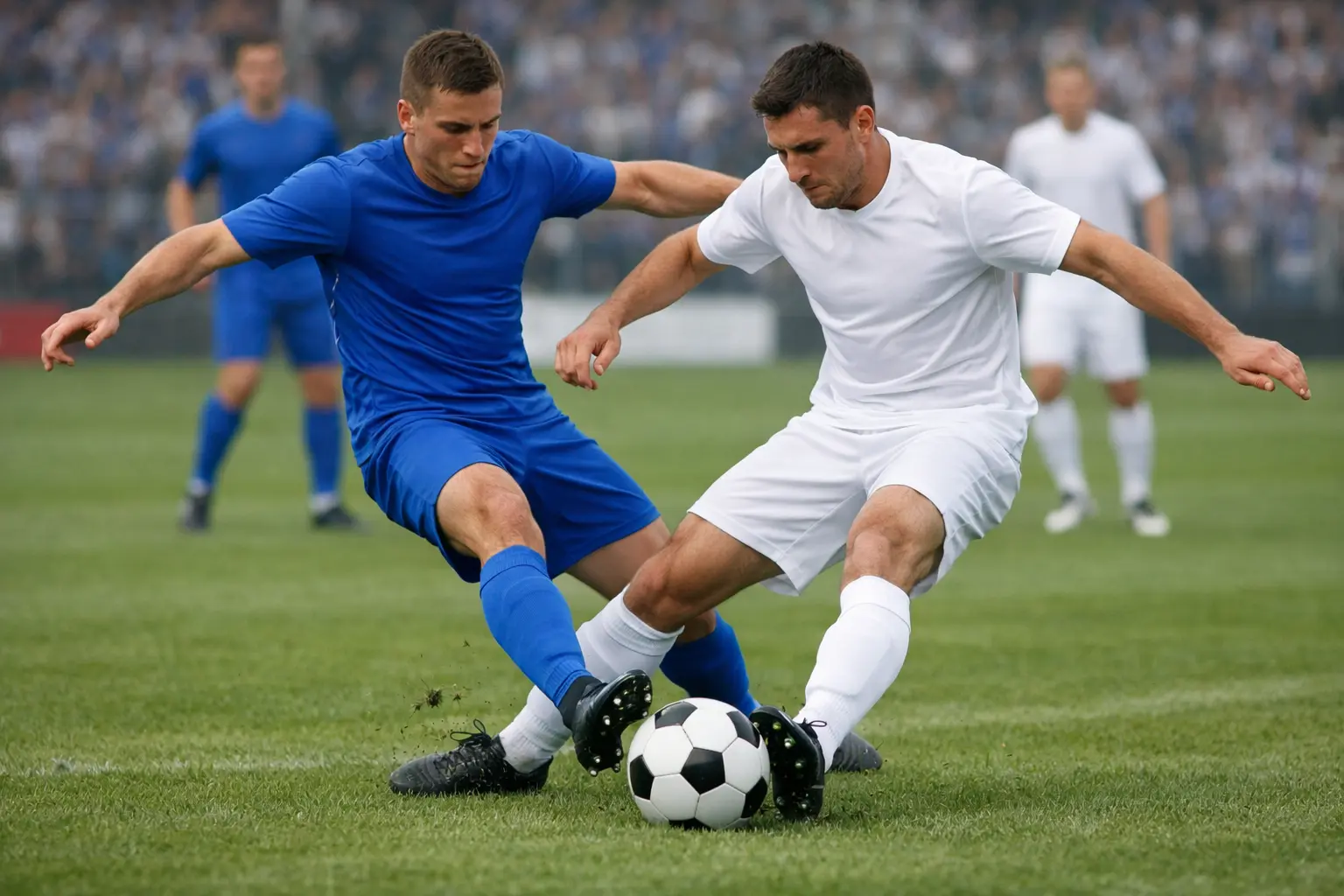 Twee voetbalteams in actie tijdens een competitiewedstrijd op een grasveld