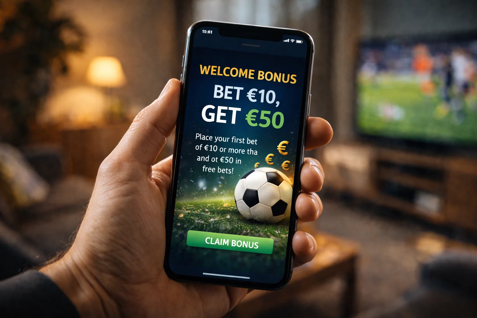 Smartphone met sportwedden app en bonusaanbieding op het scherm