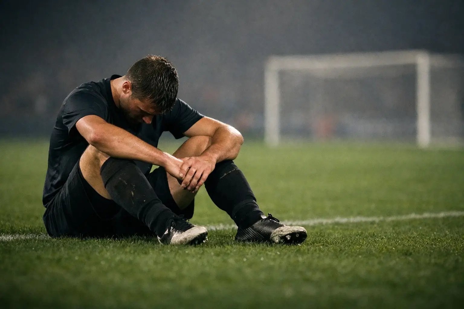 Voetballer zit teleurgesteld op het gras na een gemiste kans