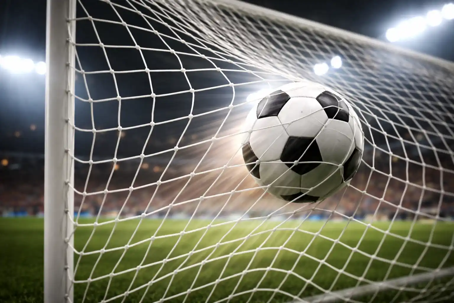 Voetbal die het net raakt tijdens een doelpunt in een verlicht stadion