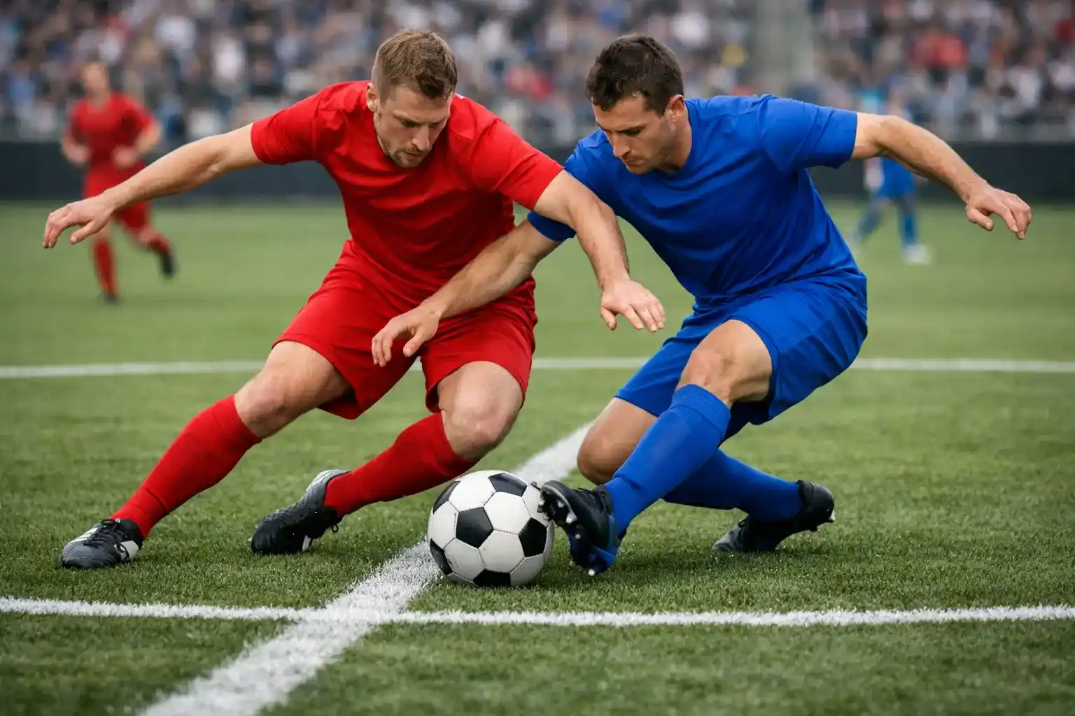Twee voetballers uit verschillende teams strijden om de bal op het middenveld