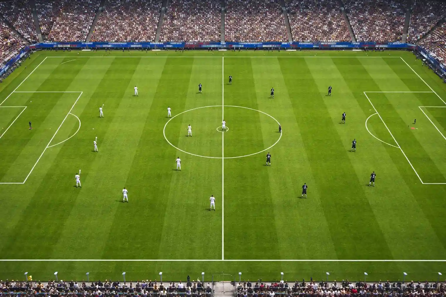 Voetbalwedstrijd vanuit hoog perspectief met beide teams opgesteld