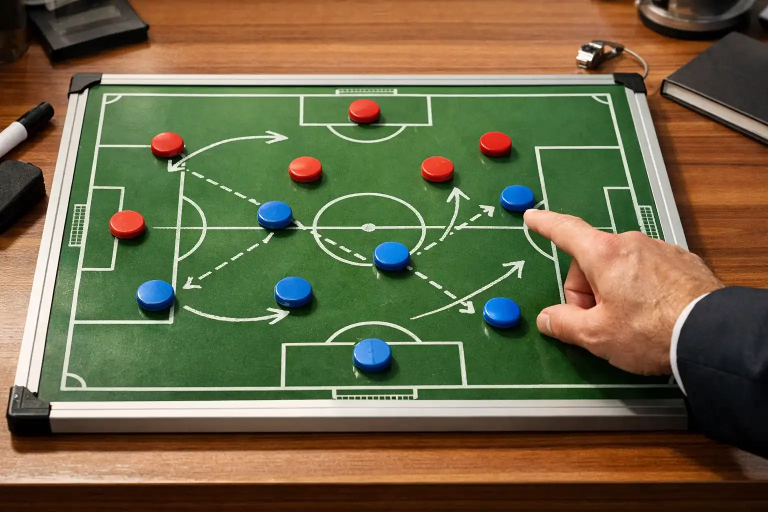 Tactisch bord met voetbalopstelling en strategische pijlen