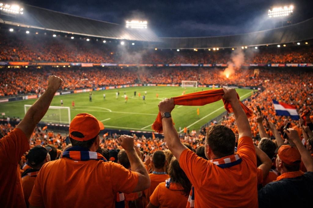 Nederlands voetbalstadion met supporters in oranje shirts