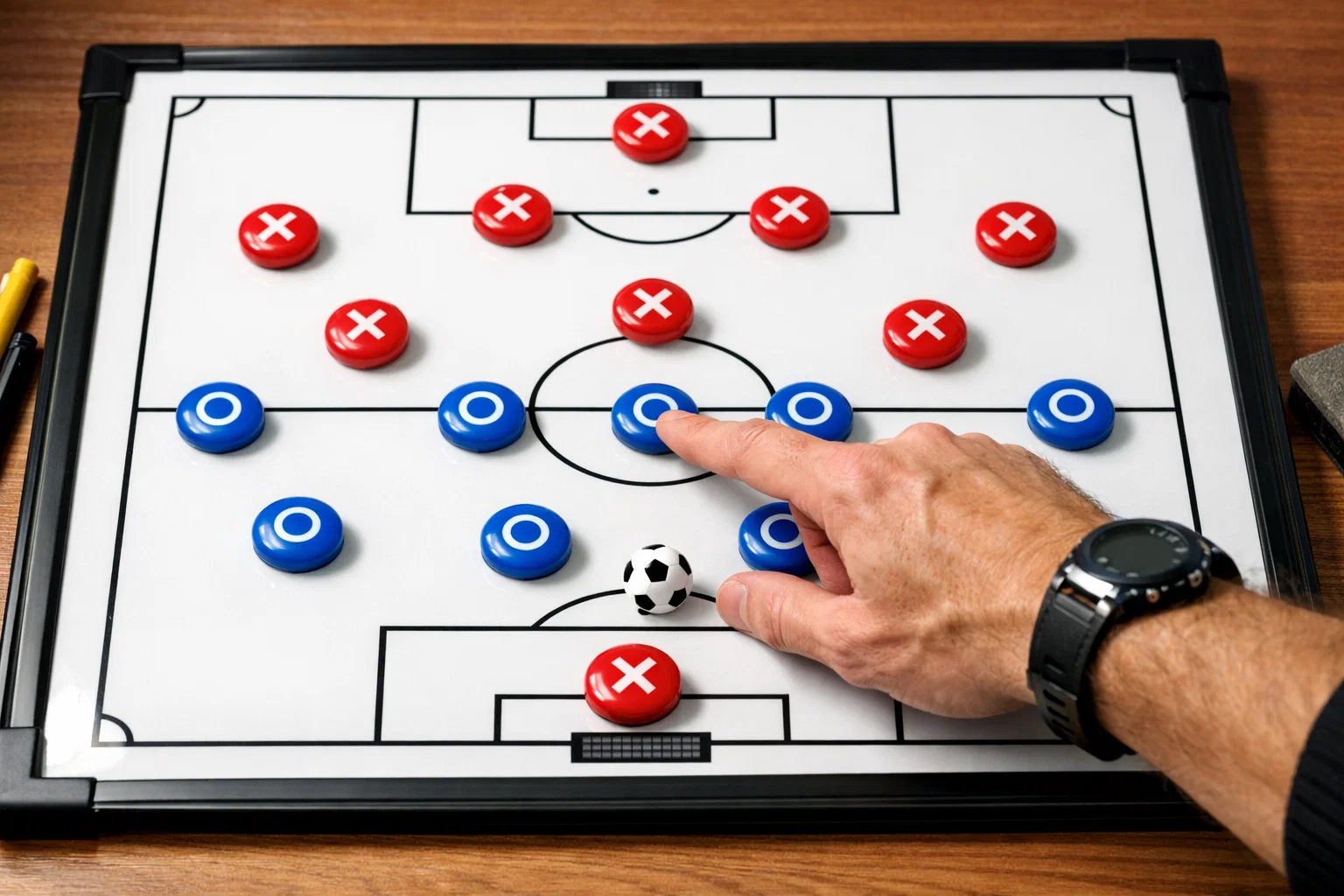 Voetbalveld met tactische opstellingen en wedstrijdstatistieken