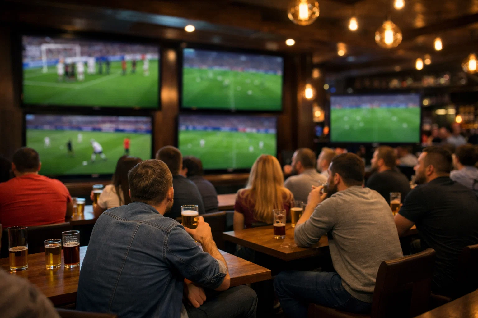 Meerdere voetbalwedstrijden tegelijk op schermen in sportbar