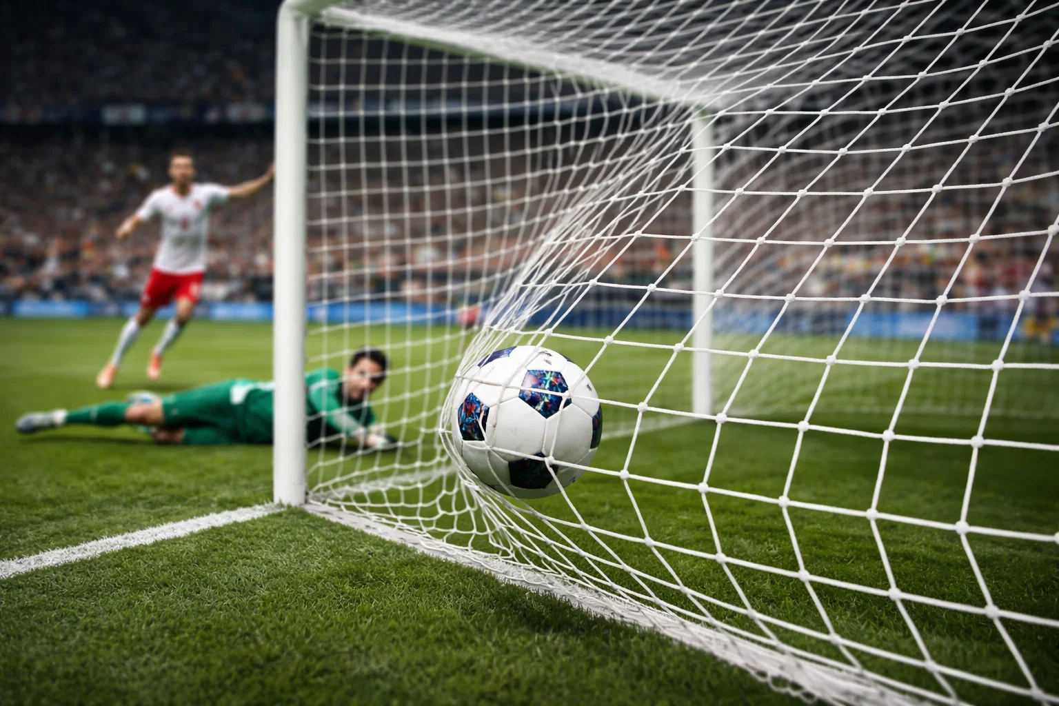 Voetballer scoort een doelpunt in een vol stadion