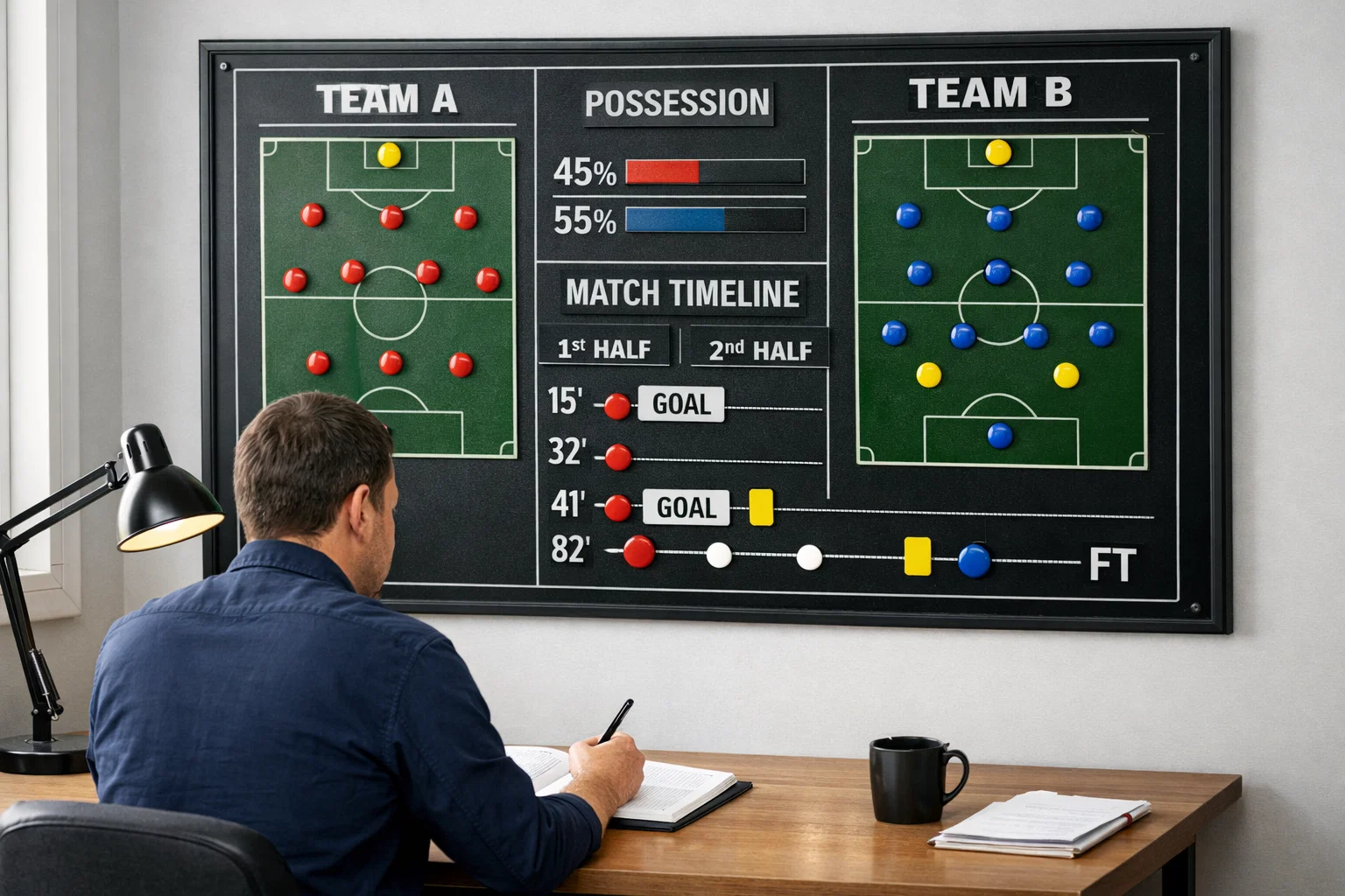 Analist bekijkt voetbalwedstrijd statistieken op een scorebord