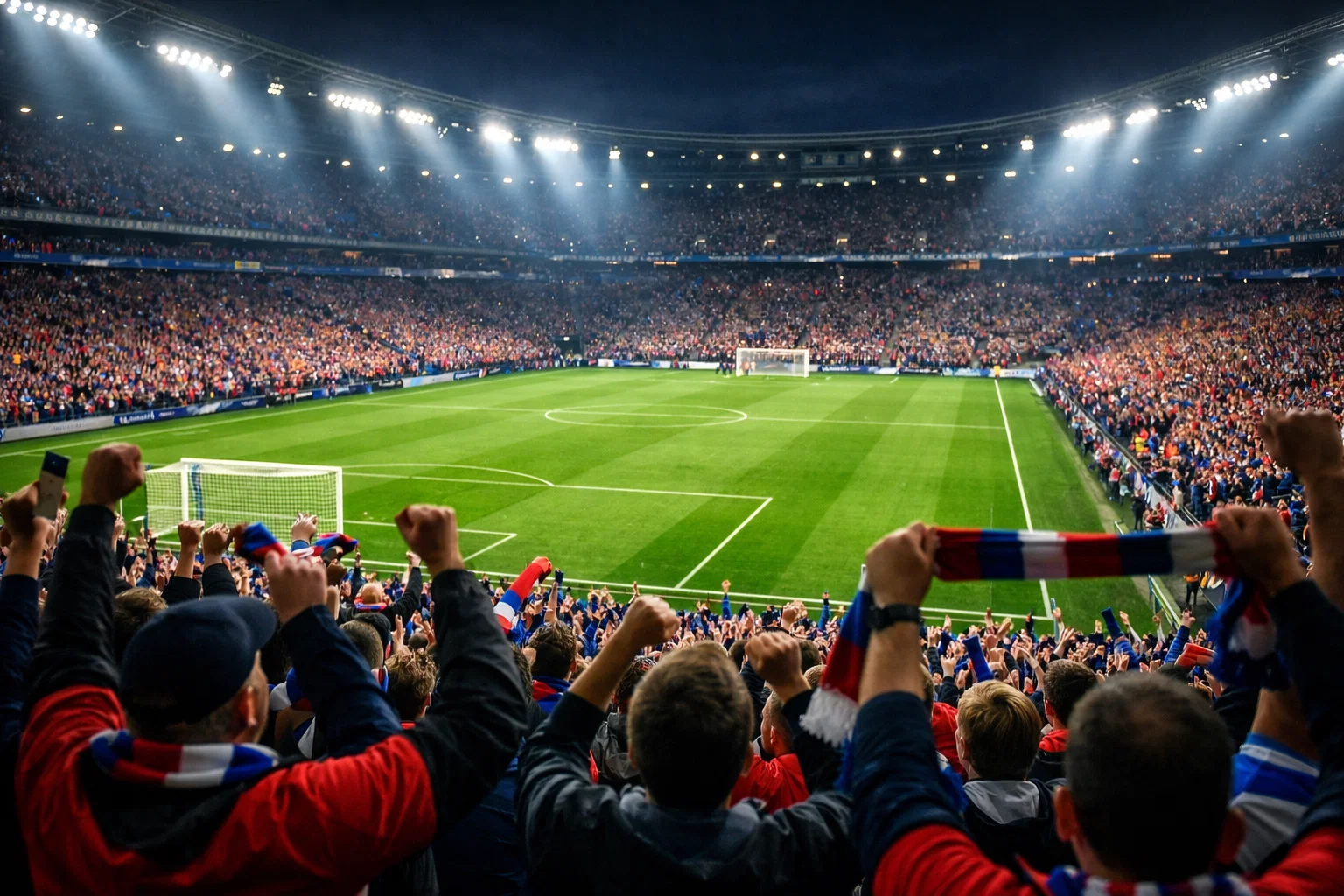 Voetbalstadion met supporters tijdens een spannende wedstrijd