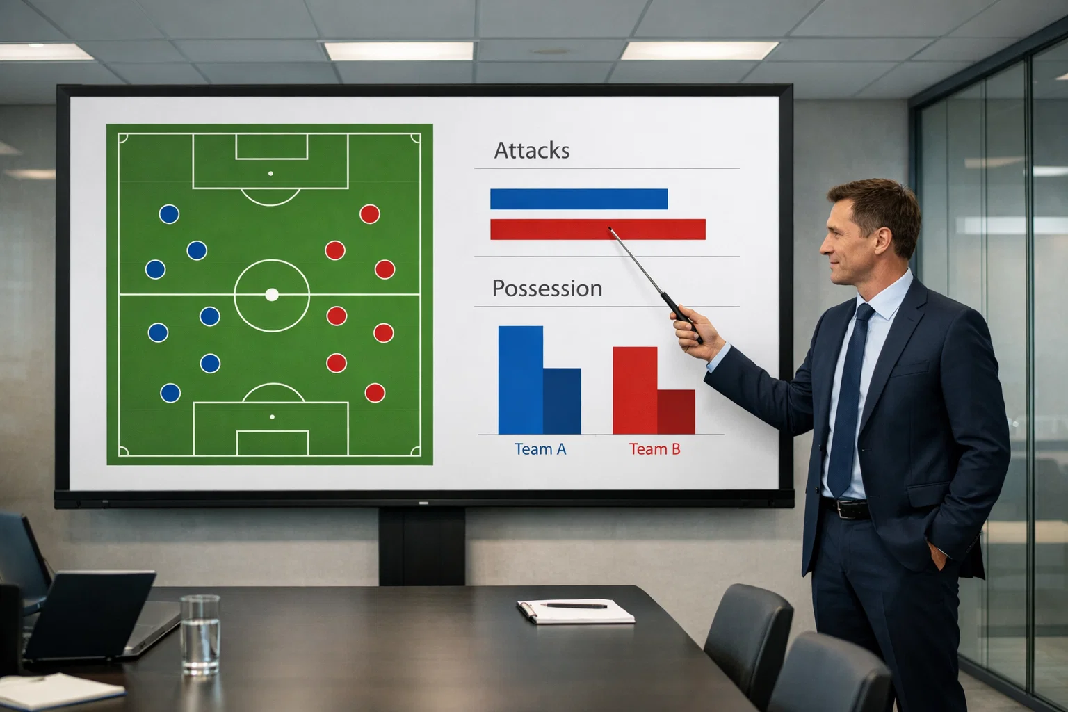 Voetbalstatistieken en grafieken op een scherm tijdens analyse