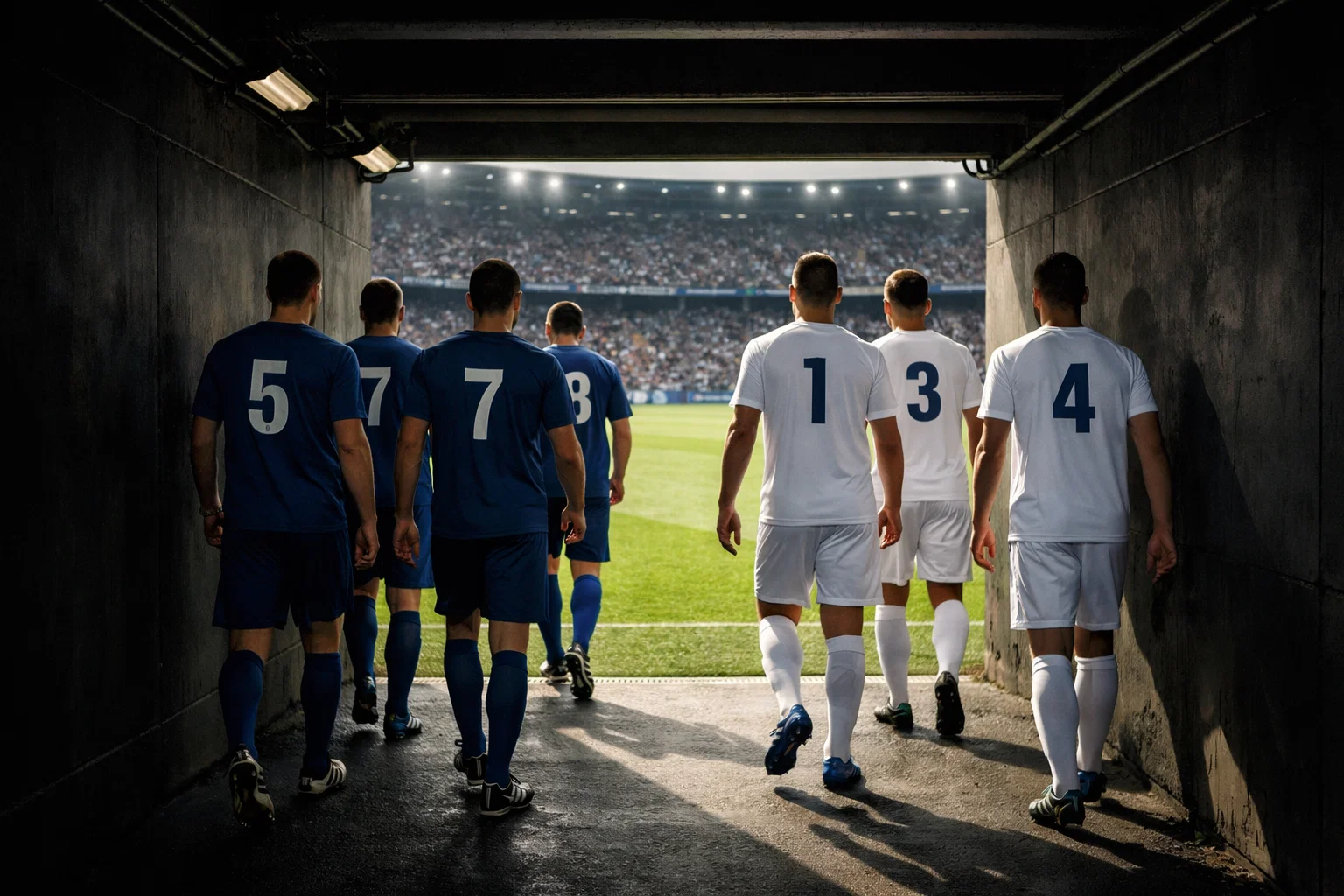 Twee voetbalteams betreden het veld voor een competitiewedstrijd