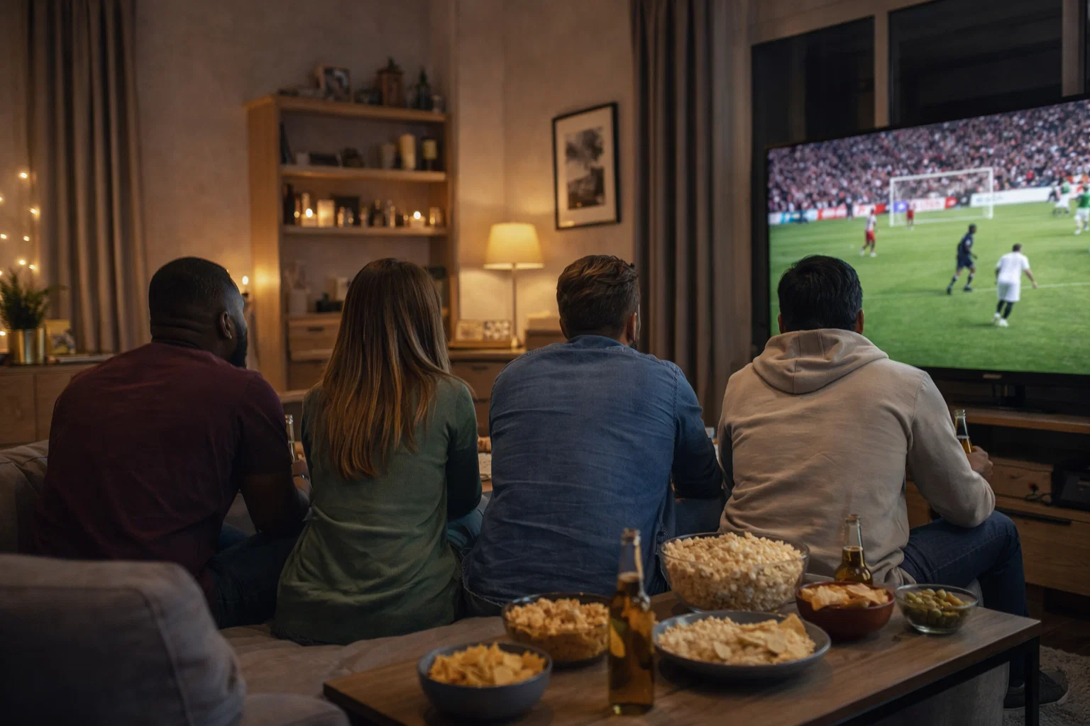 Voetbalsupporters kijken gespannen naar een live wedstrijd