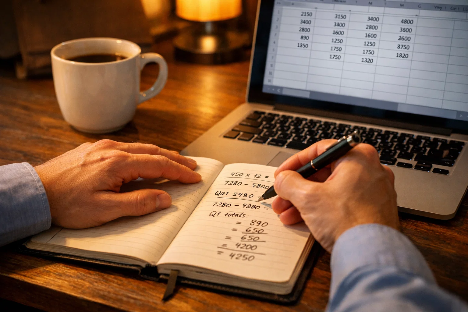 Persoon analyseert voetbalgegevens op laptop met notitieblok