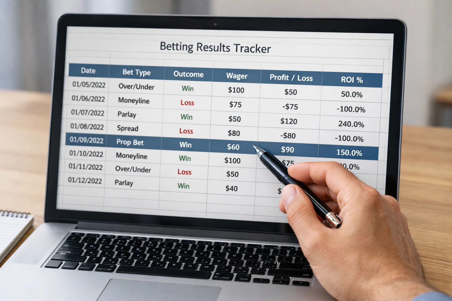 Spreadsheet met wedresultaten op laptopscherm