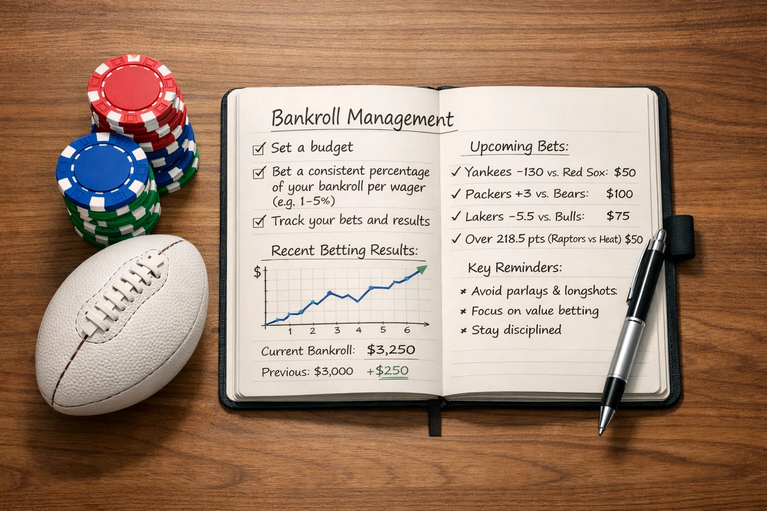 Stapel speelfiches naast een voetbal symboliseert wedkapitaal