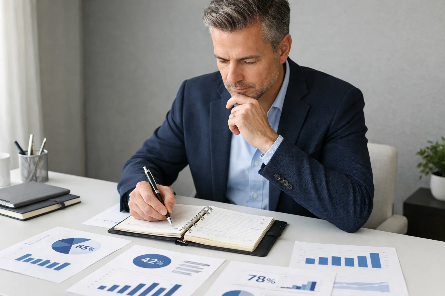 Man plant zijn inzetstrategie aan bureau met documenten