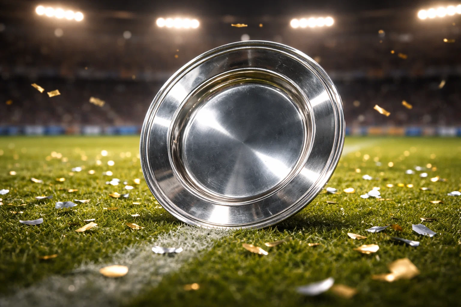 Gouden kampioensschaal met confetti op voetbalveld