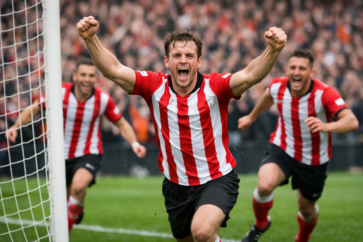 Voetballer scoort doelpunt in druk bezet stadion