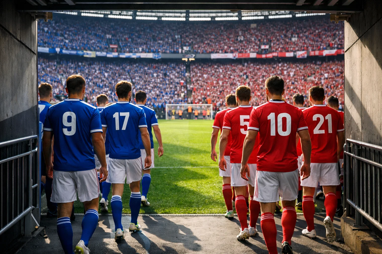 Twee voetbalteams betreden het veld voor een topper