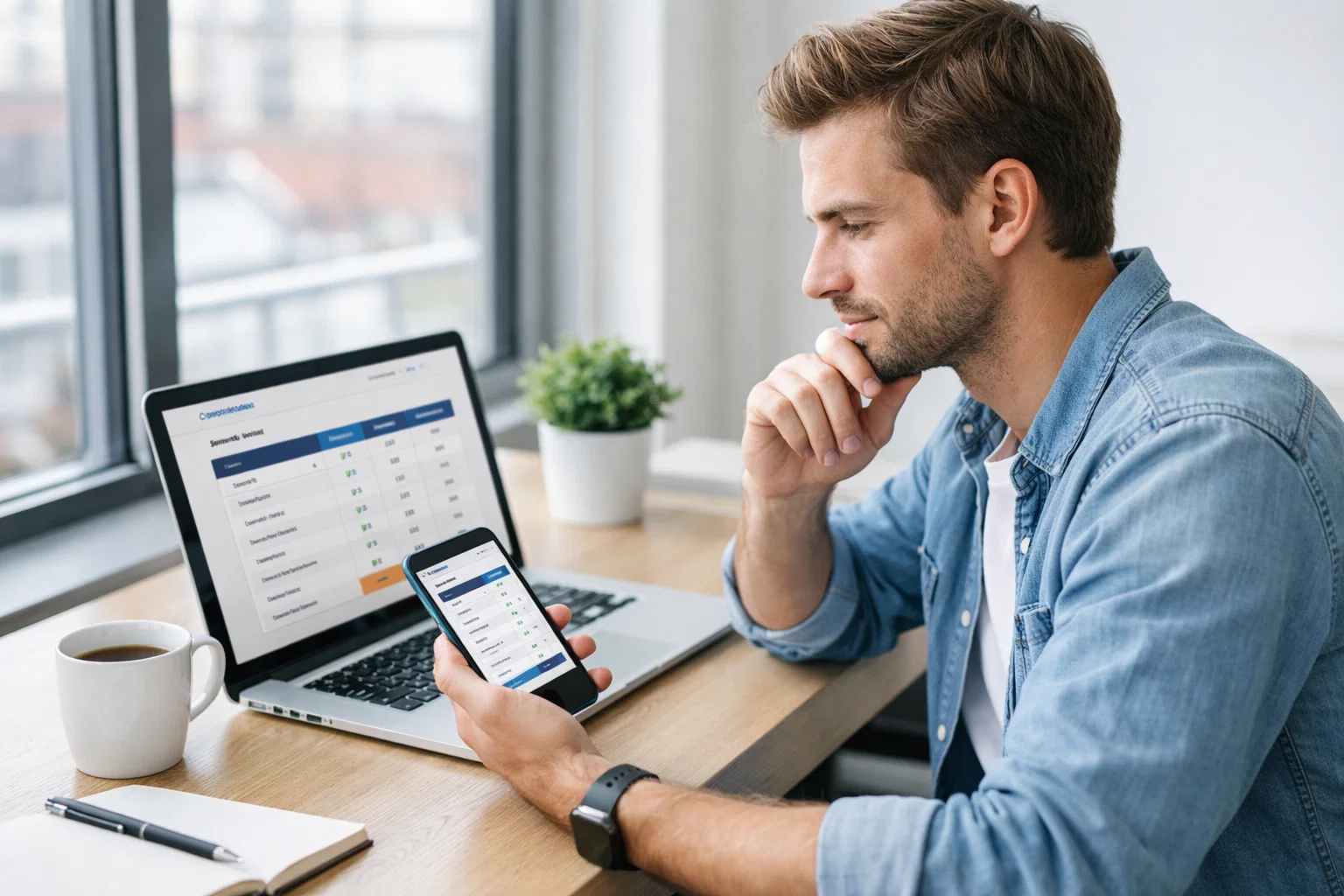 Persoon vergelijkt bookmakers op laptop en smartphone