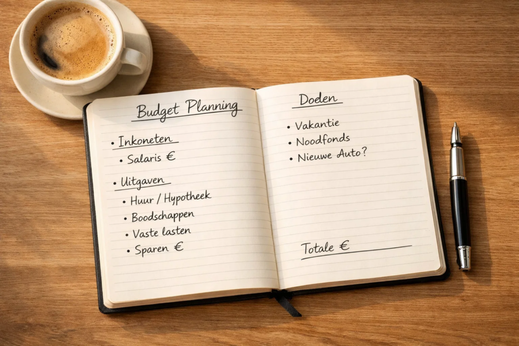 Notitieboek met budgetplanning en pen op houten bureau