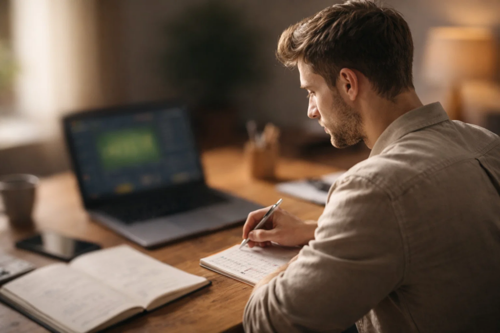 Persoon analyseert voetbalwedstrijd op laptop met notitieblok