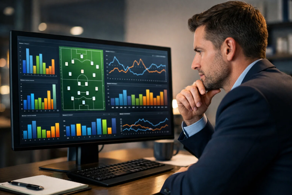 Voetbalanalist bestudeert wedstrijdstatistieken op groot scherm