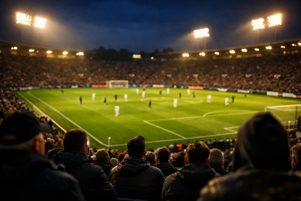 Voetbalstadion tijdens avondwedstrijd met supporters op de tribune