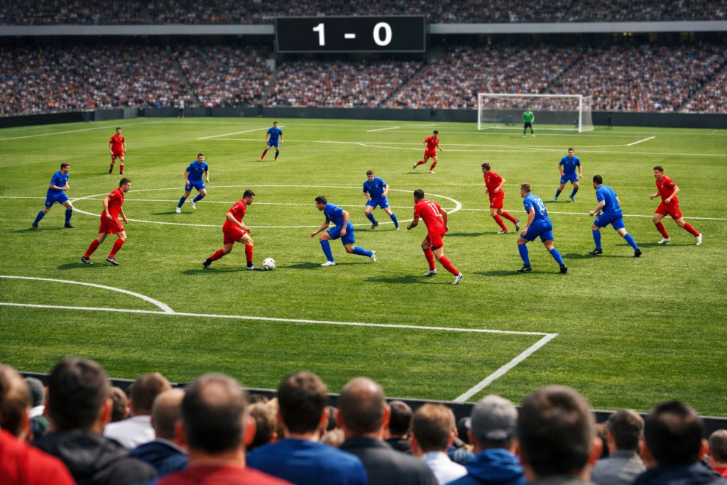 Voetbalwedstrijd met scorebord en speelveld vanuit tribunes